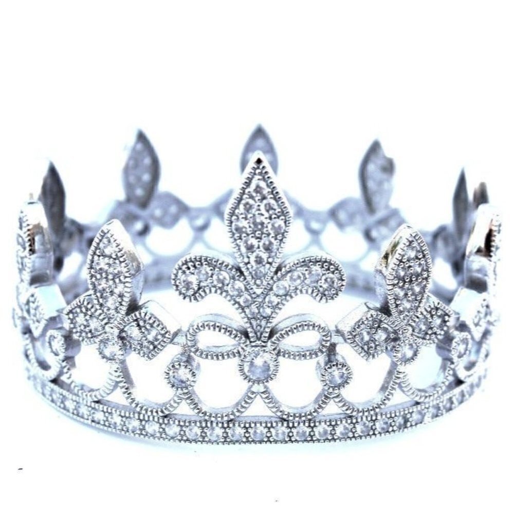 White Gold Plated Fleur De Lis Royalty Princess Clear Cz Crown Of Life Bracelet